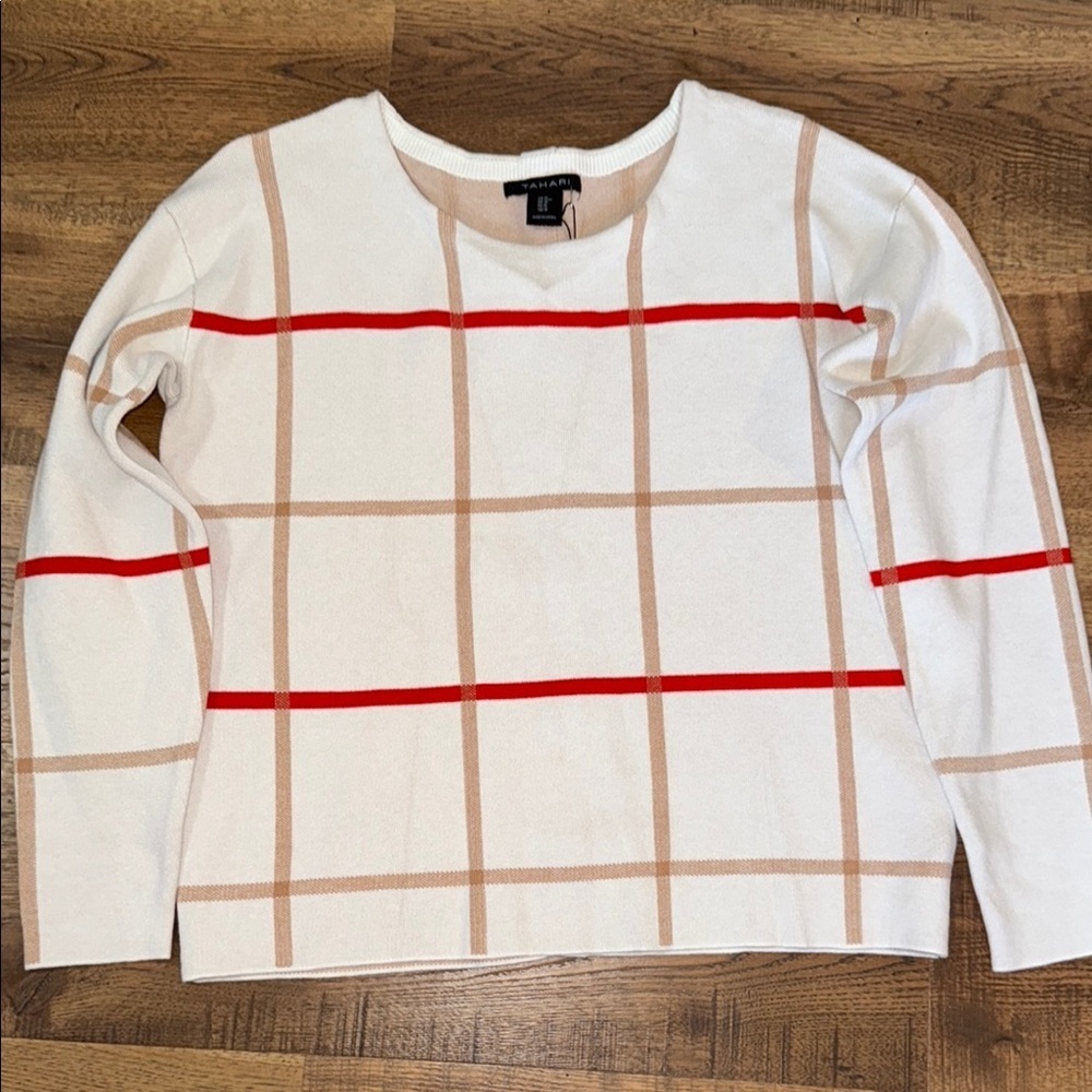 TAHARI White and Red Crew Neck Sweater with Geometric Pattern Size M